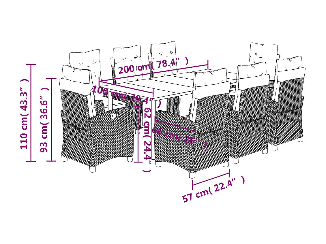Ensemble à manger de jardin et coussins 9 pcs gris clair rotin