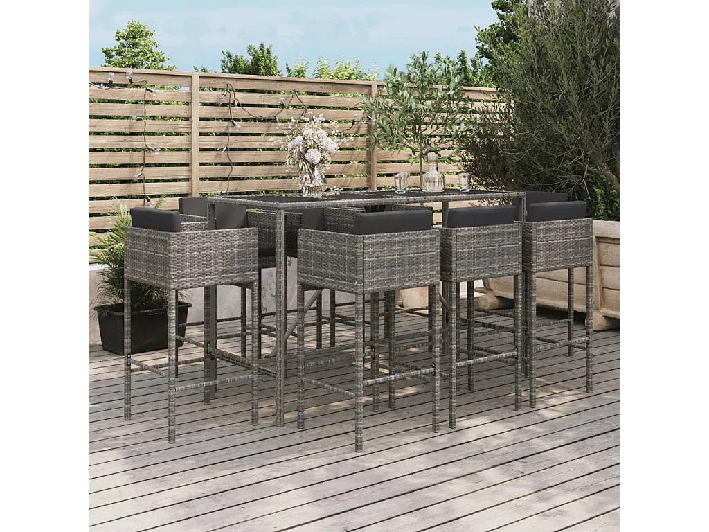 Ensemble de bar de jardin 9 pcs avec coussins gris poly rotin
