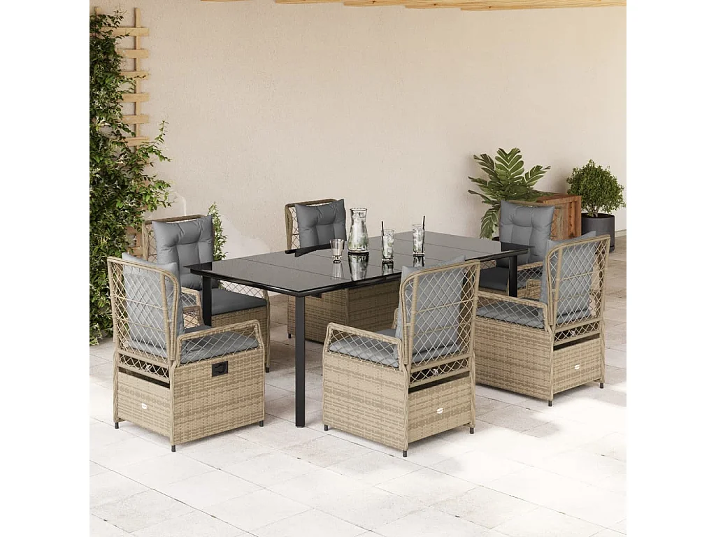 Ensemble à manger de jardin et coussins 7 pcs beige poly rotin