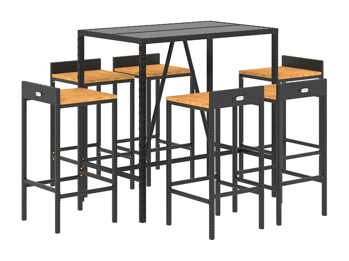 Ensemble de bar jardin 7 pcs noir poly rotin-bois massif acacia
