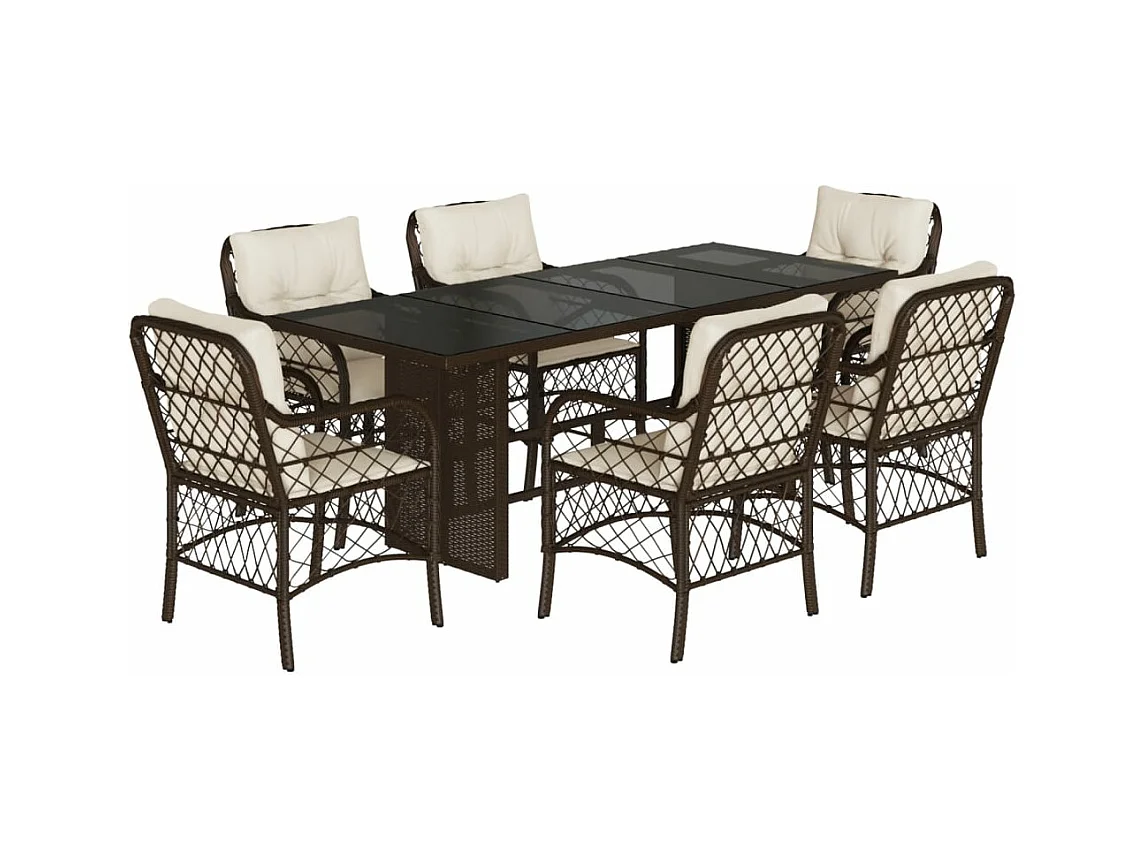 Ensemble à manger de jardin et coussins 7 pcs marron rotin