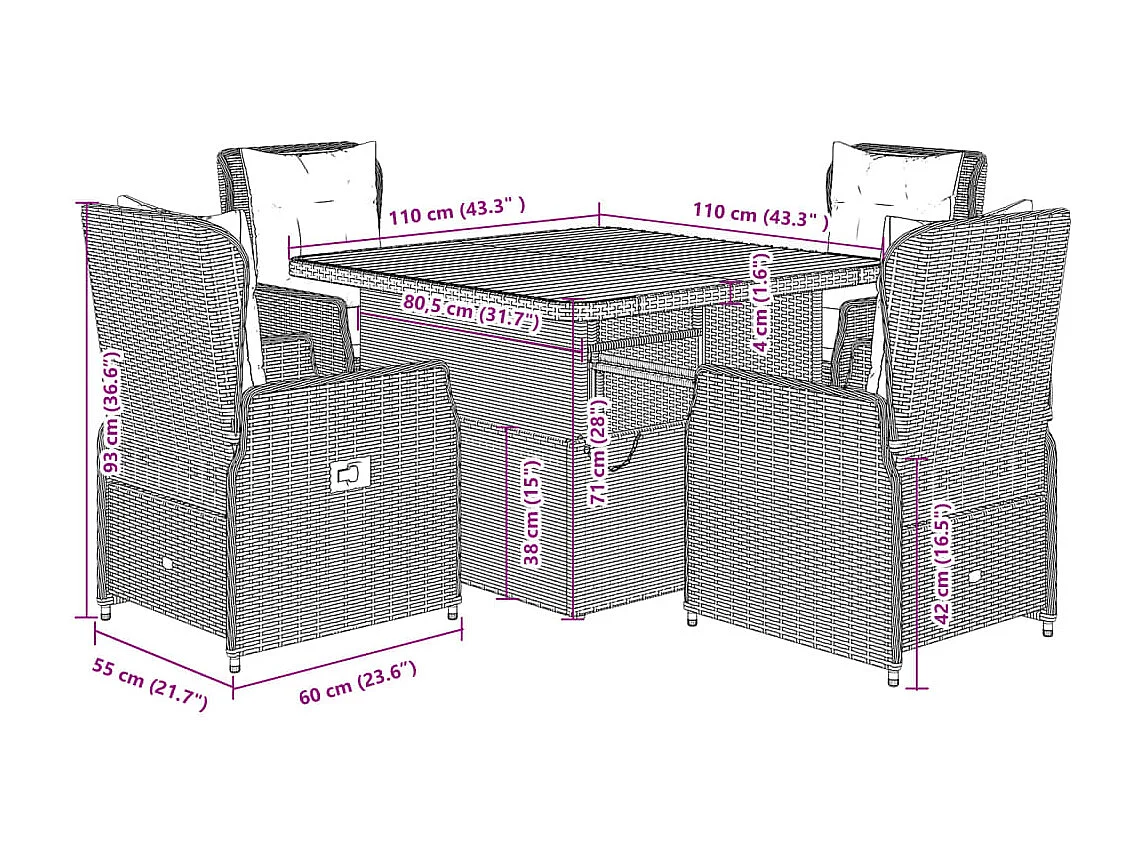Ensemble à manger de jardin coussins 5pcs Noir Résine tressée