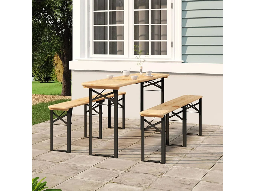 Ensemble de tables à bière pliantes 3 pcs bois massif de sapin