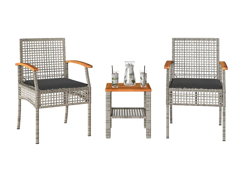 Ensemble de bistro 3 pcs et coussins gris résine tressée acacia