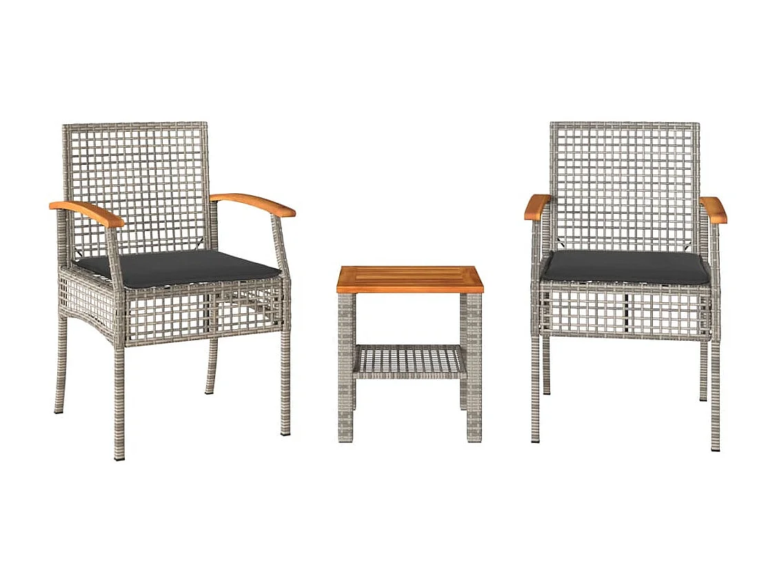 Ensemble de bistro 3 pcs et coussins gris résine tressée acacia