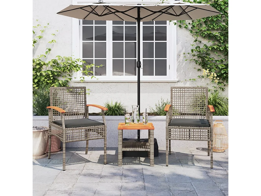 Ensemble de bistro 3 pcs et coussins gris résine tressée acacia