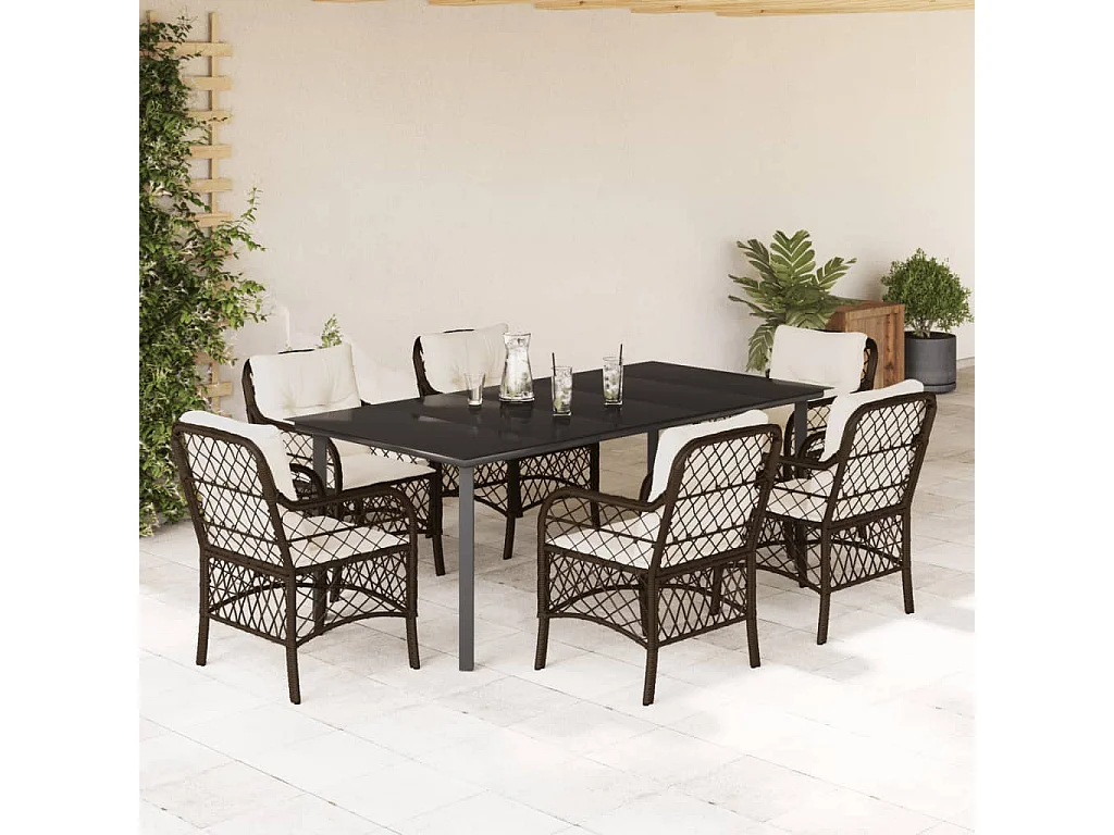 Ensemble à manger de jardin et coussins 7 pcs marron rotin