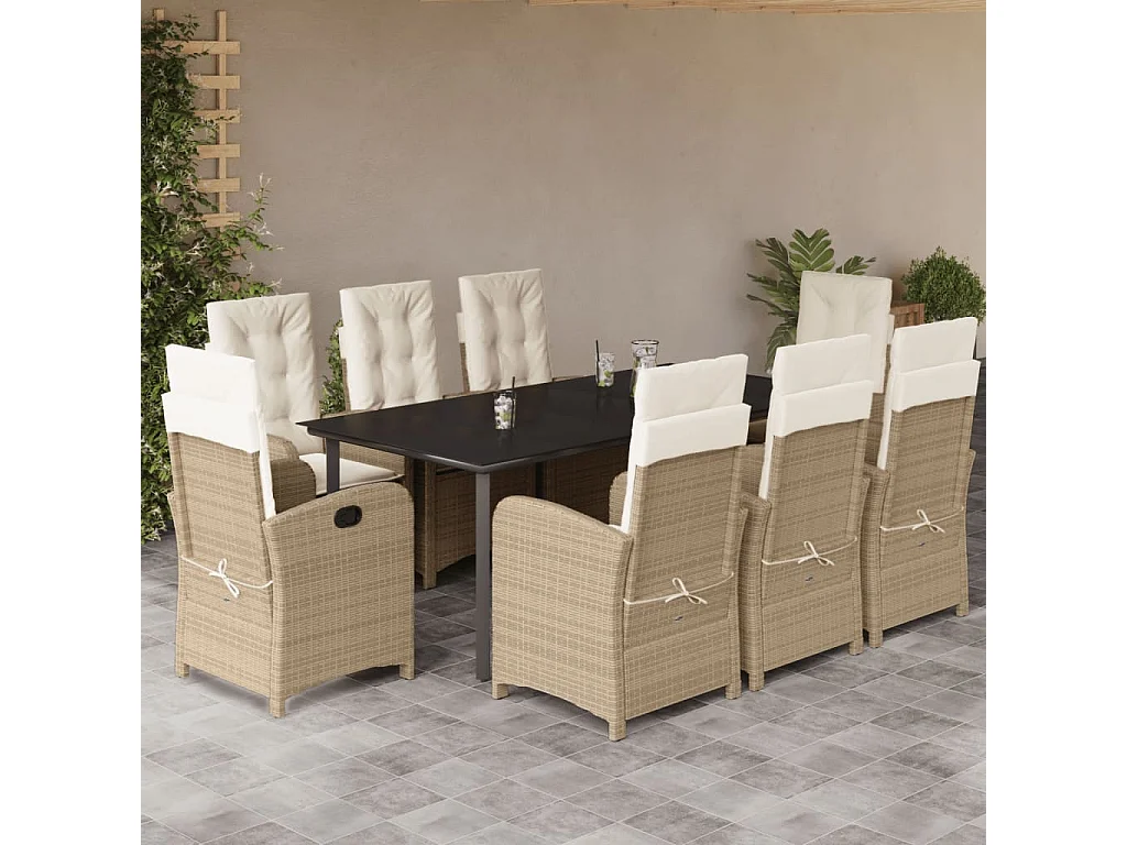 Ensemble à manger de jardin et coussins 9 pcs beige Poly rotin