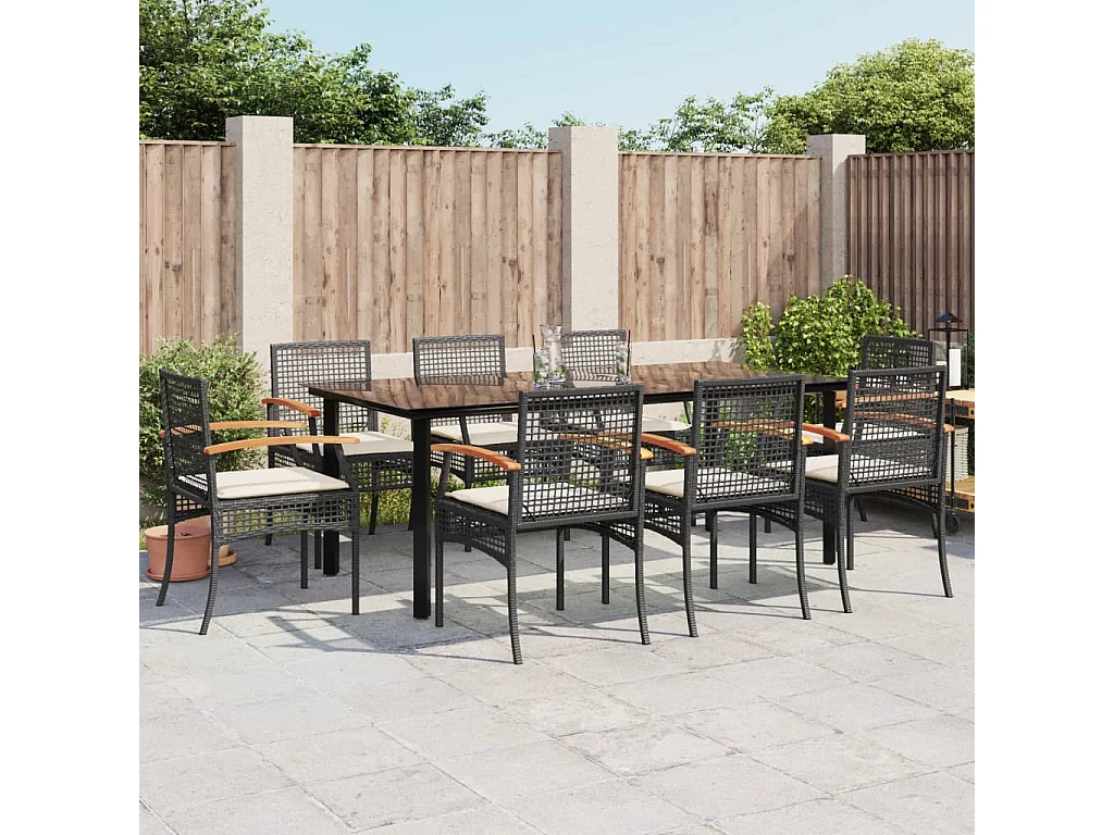 Ensemble à manger de jardin 9pcs coussins noir résine tressée