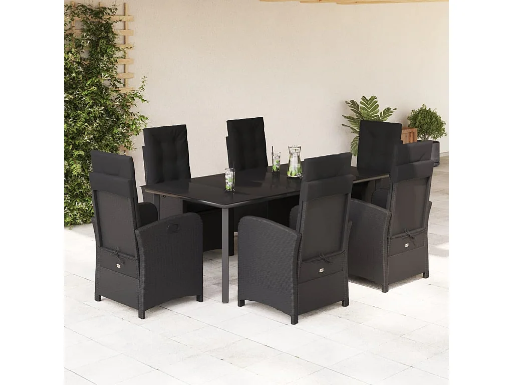 Ensemble à manger de jardin coussins 7pcs Noir Résine tressée