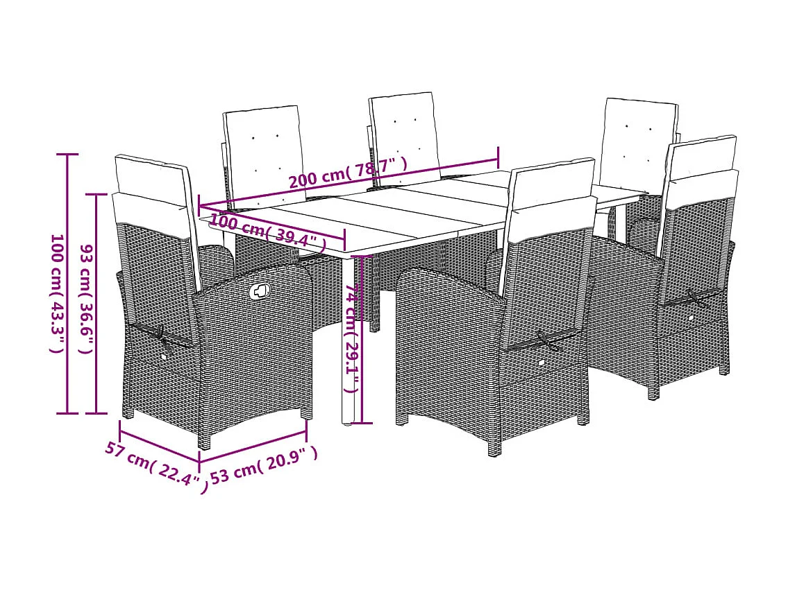 Ensemble à manger de jardin coussins 7pcs Noir Résine tressée