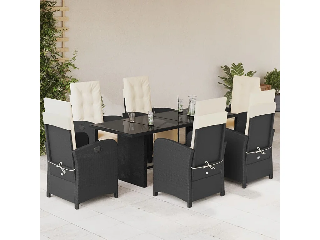 Ensemble à manger de jardin coussins 7pcs Noir Résine tressée