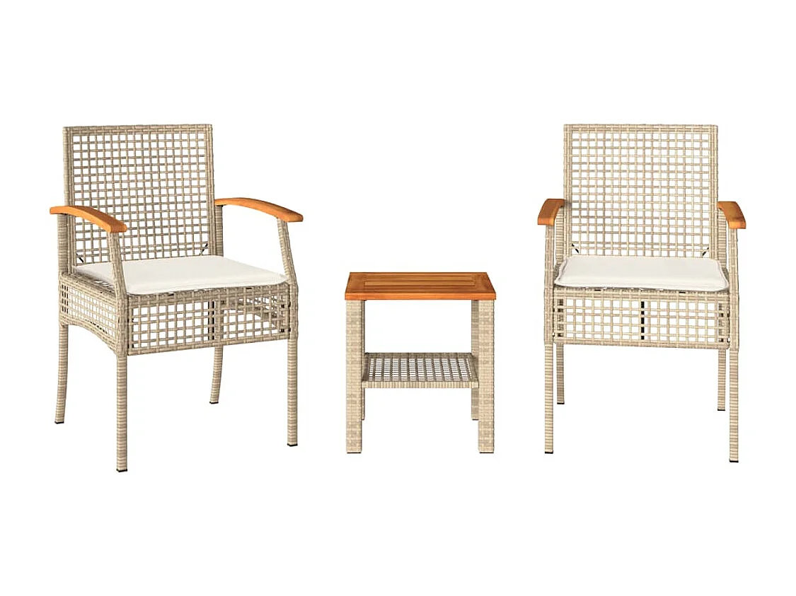 Ensemble de bistro 3 pcs coussins beige résine tressée acacia