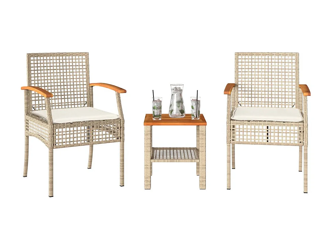Ensemble de bistro 3 pcs coussins beige résine tressée acacia