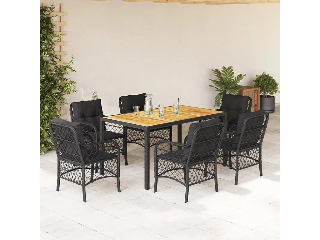 Ensemble à manger de jardin coussins 7pcs Noir Résine tressée