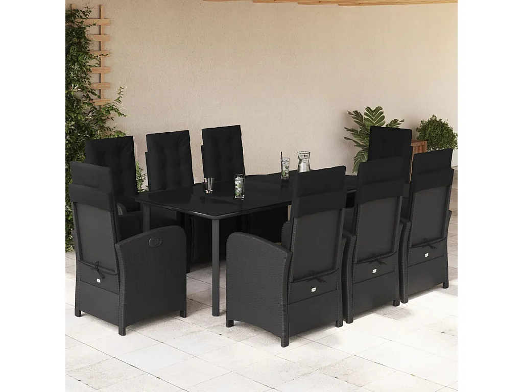 Ensemble à manger de jardin 9pcs coussins noir résine tressée