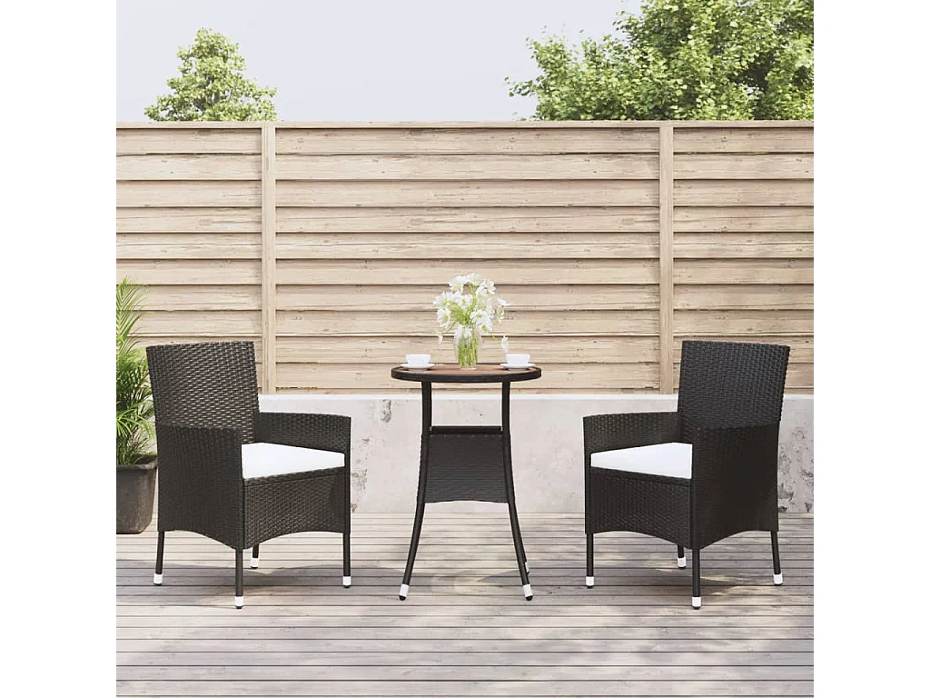 Ensemble de bistro de jardin 3 pcs coussins noir poly rotin