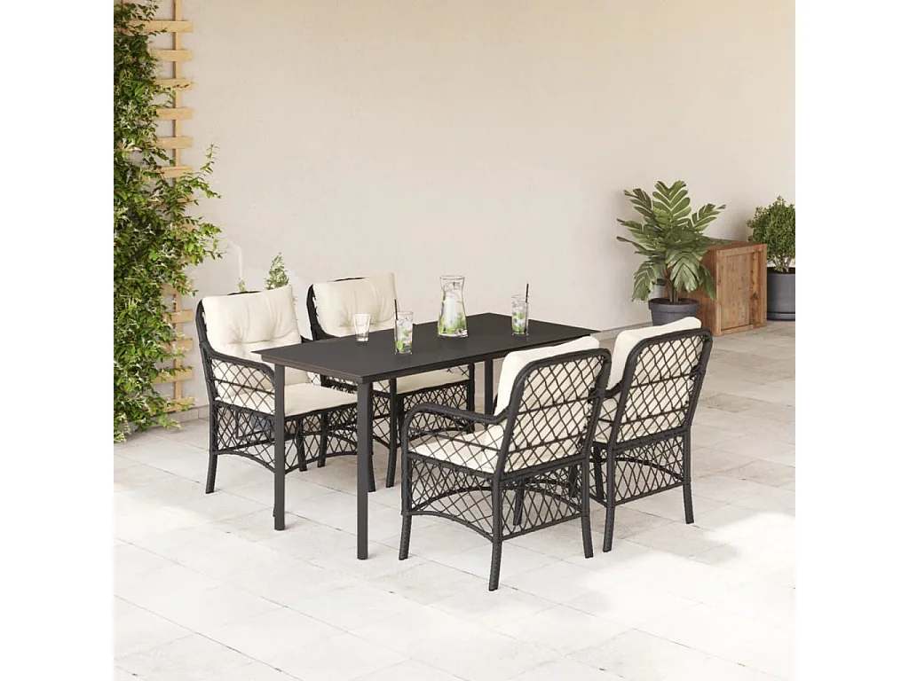 Ensemble à manger de jardin coussins 5pcs Noir Résine tressée