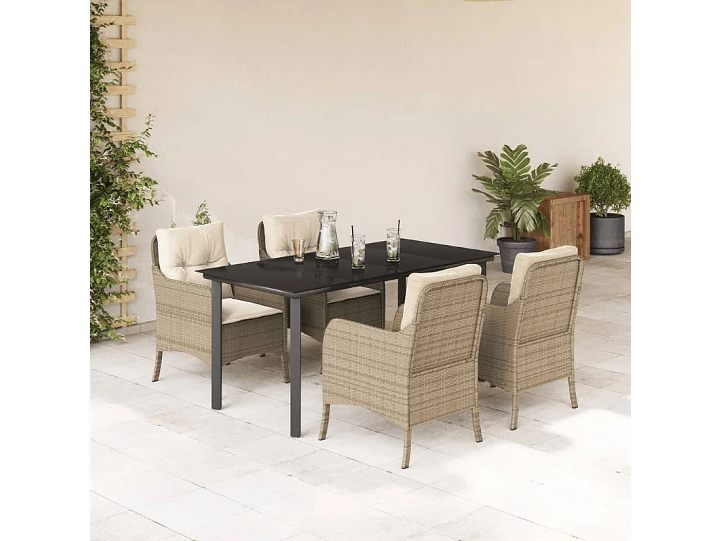 Ensemble à manger de jardin avec coussins 5pcs Beige poly rotin