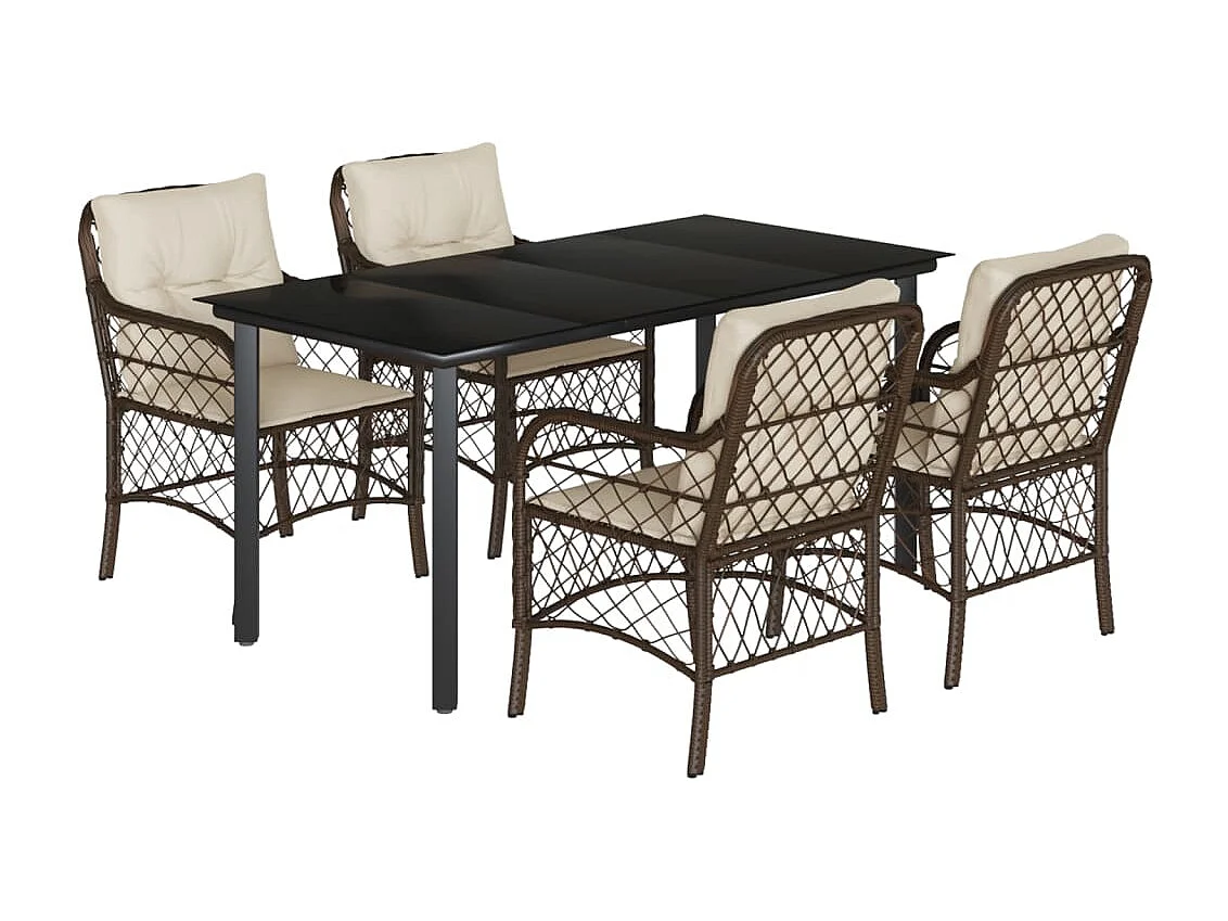 Ensemble à manger de jardin 5 pcs et coussins marron poly rotin