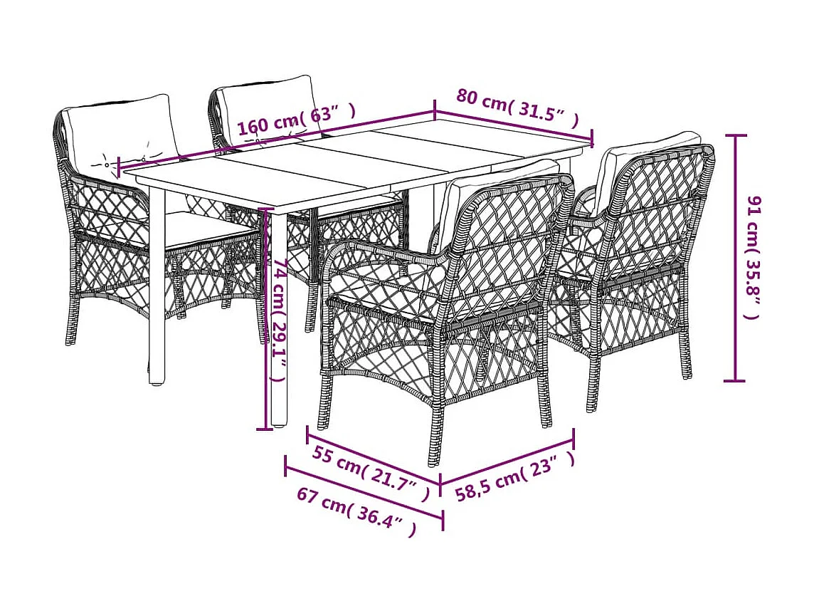 Ensemble à manger de jardin 5 pcs et coussins marron poly rotin