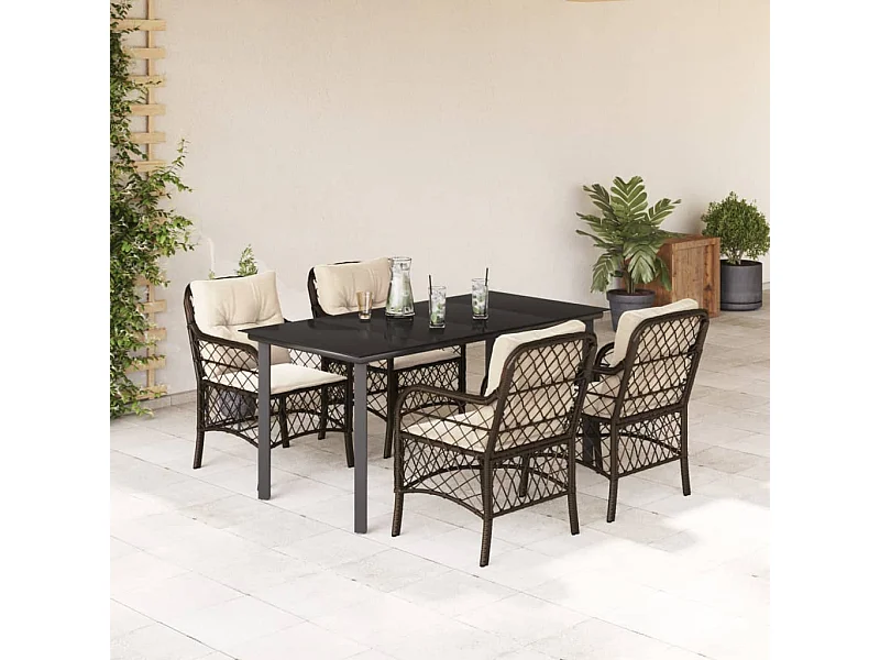 Ensemble à manger de jardin 5 pcs et coussins marron poly rotin