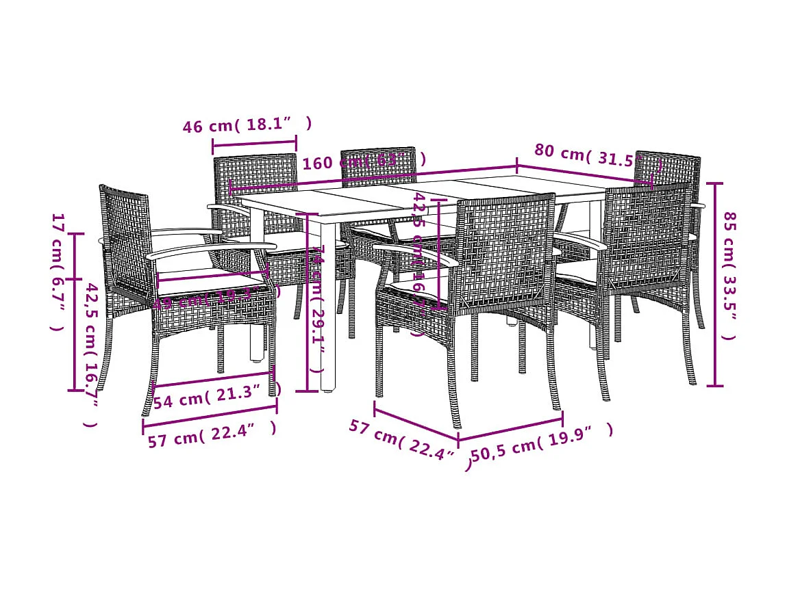 Ensemble à manger de jardin coussins 7pcs Noir Résine tressée