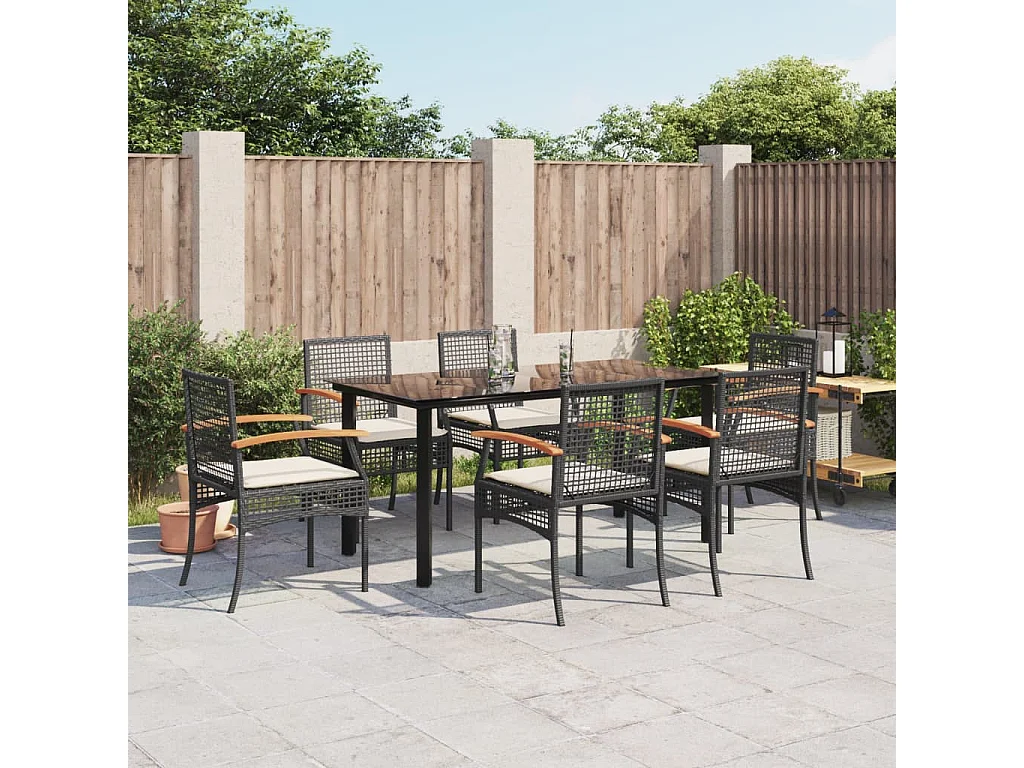 Ensemble à manger de jardin coussins 7pcs Noir Résine tressée