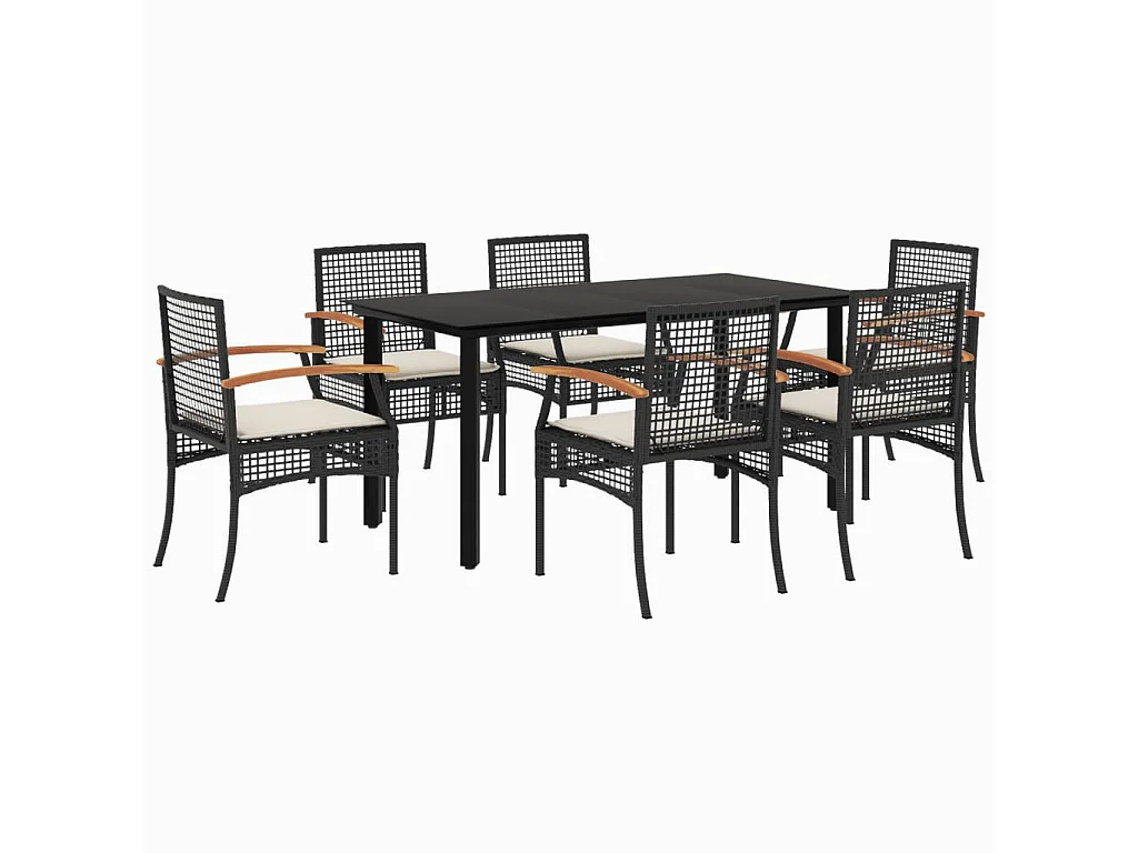 Ensemble à manger de jardin coussins 7pcs Noir Résine tressée