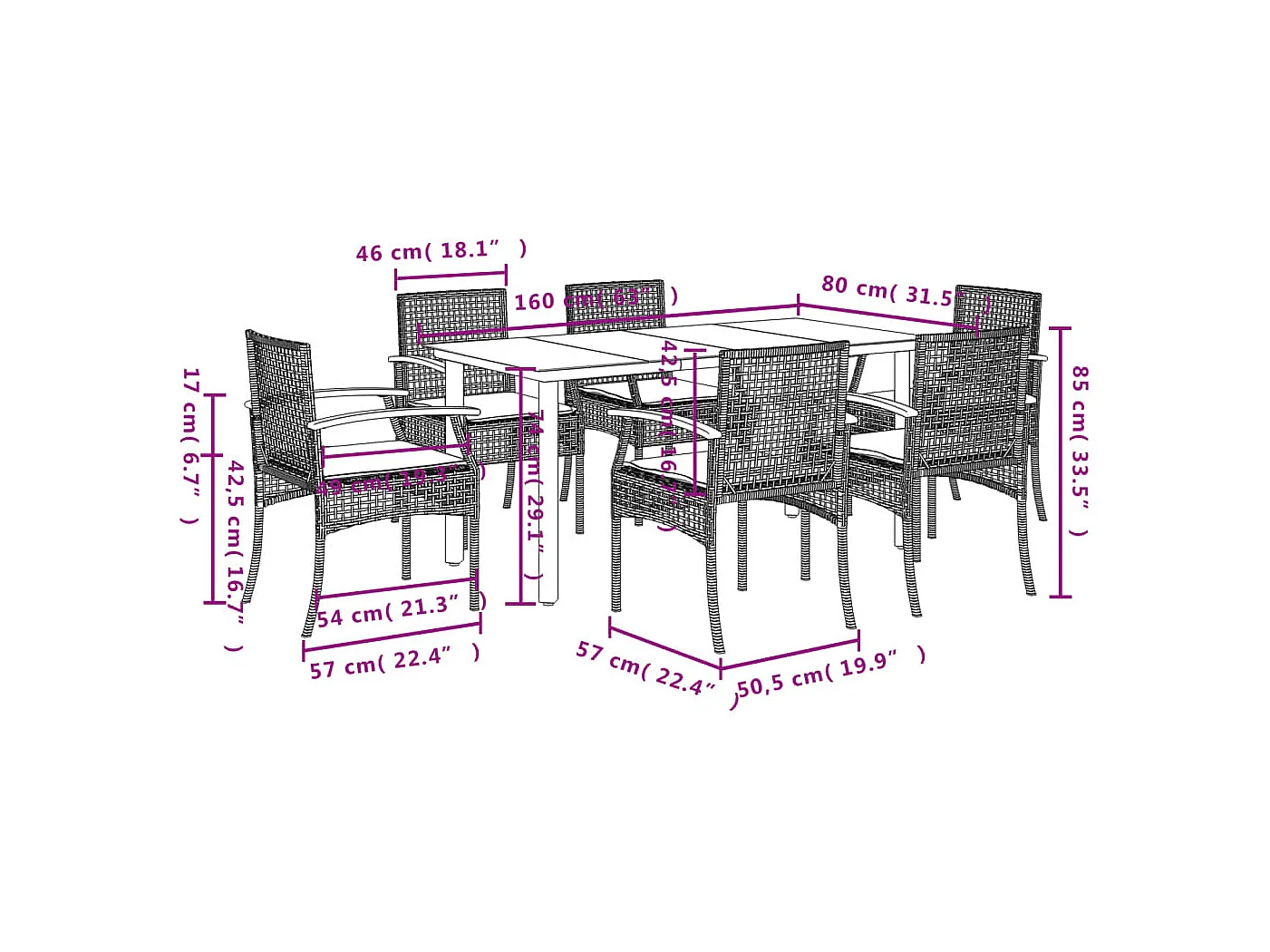 Ensemble à manger de jardin coussins 7pcs Noir Résine tressée