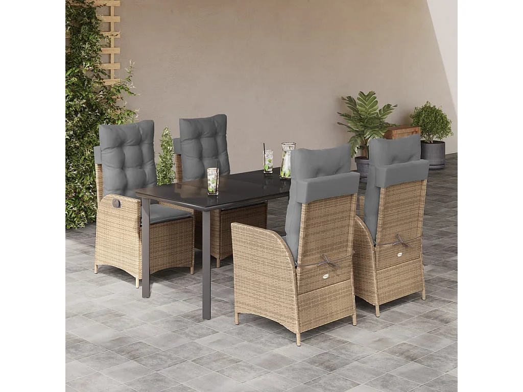 Ensemble à manger de jardin avec coussins 5pcs Beige poly rotin