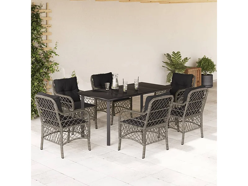Ensemble à manger de jardin et coussins 7 pcs gris rotin