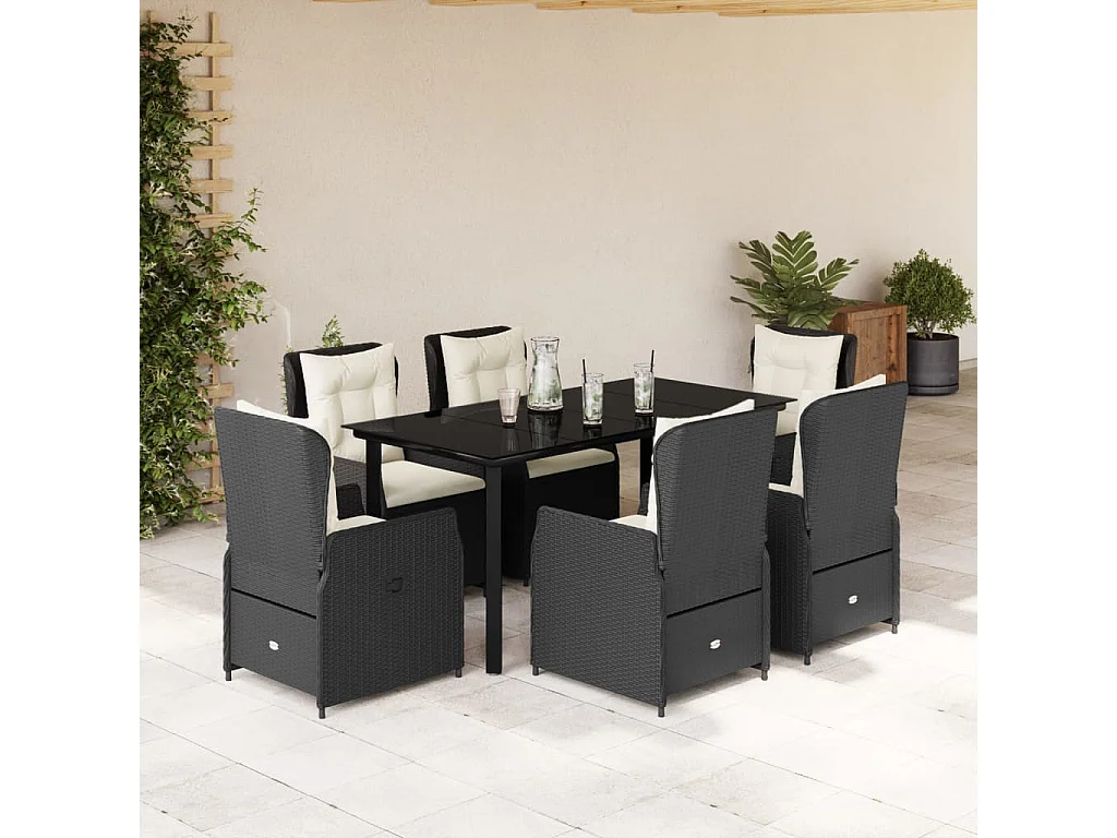 Ensemble à manger de jardin coussins 7pcs Noir Résine tressée