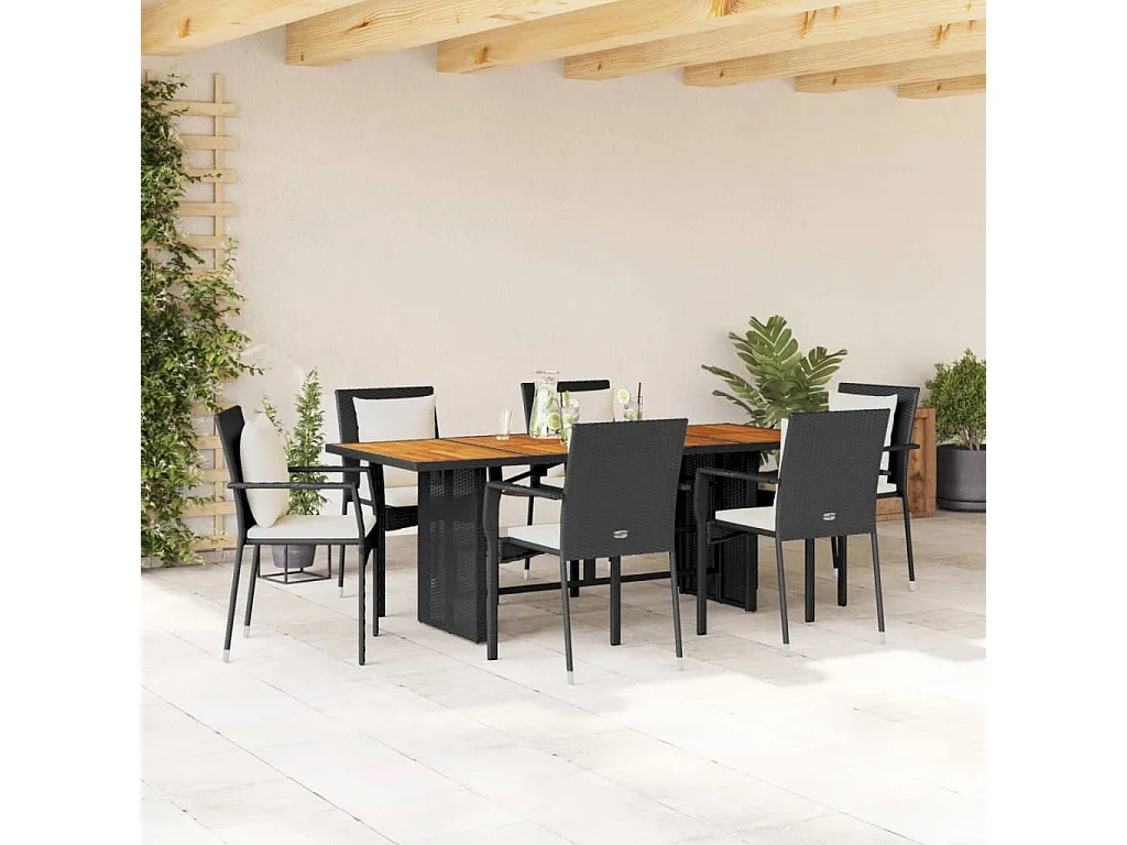 Ensemble à manger de jardin coussins 7pcs Noir Résine tressée