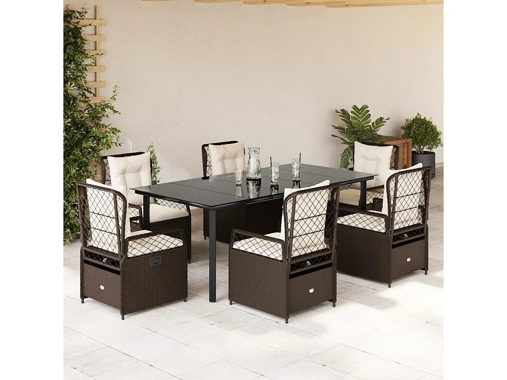 Ensemble à manger de jardin et coussins 7 pcs marron rotin