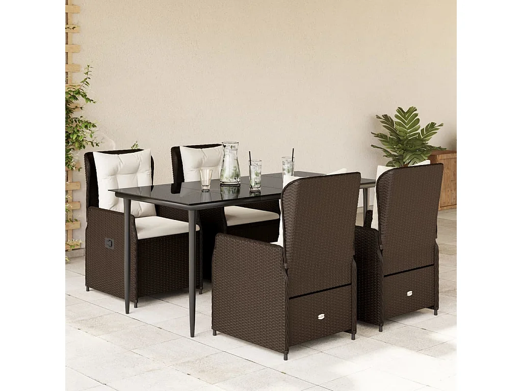 Ensemble à manger de jardin 5 pcs et coussins marron poly rotin