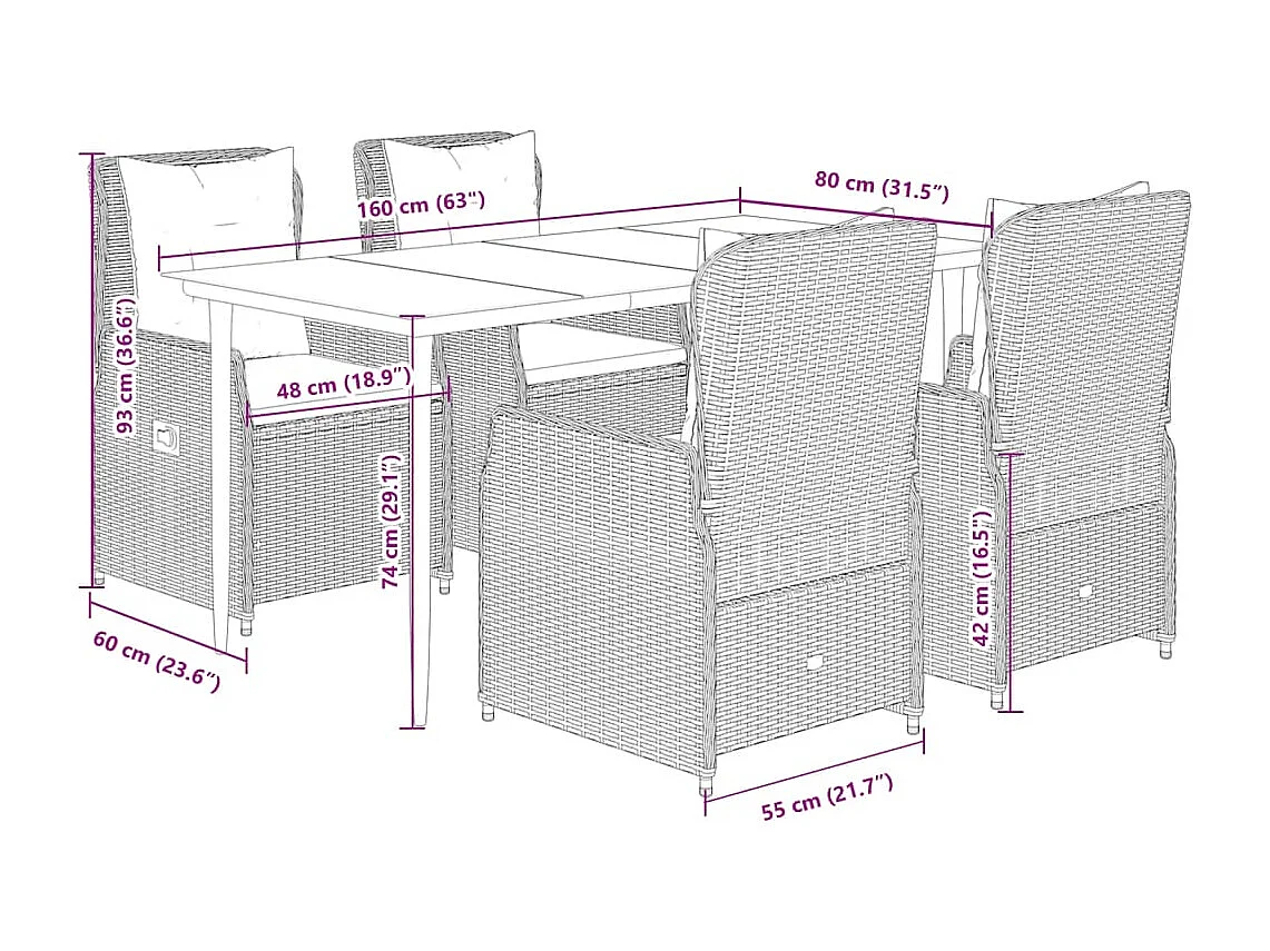 Ensemble à manger de jardin 5 pcs et coussins marron poly rotin