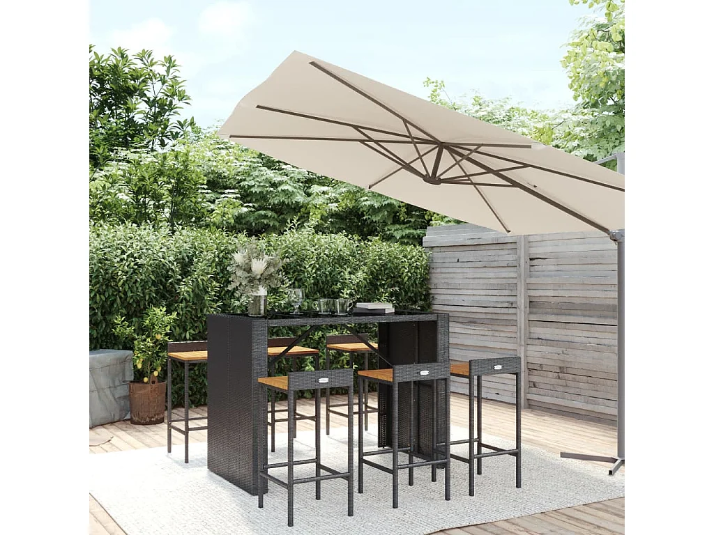 Ensemble de bar jardin 7 pcs noir poly rotin-bois massif acacia