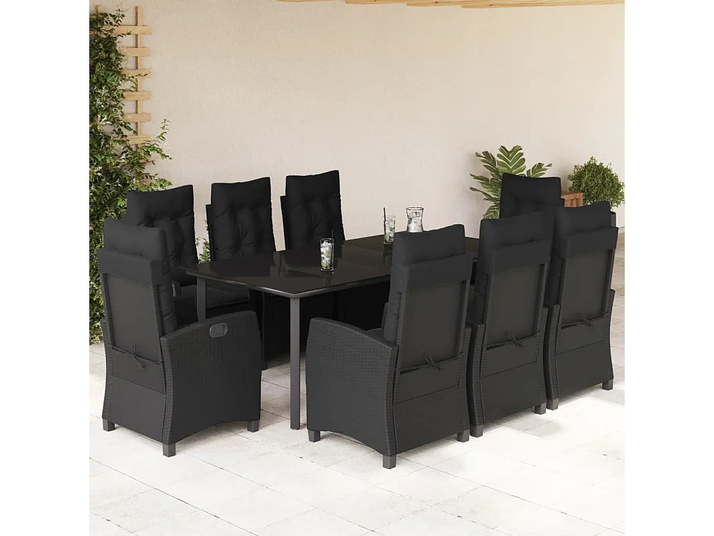 Ensemble à manger de jardin 9pcs coussins noir résine tressée