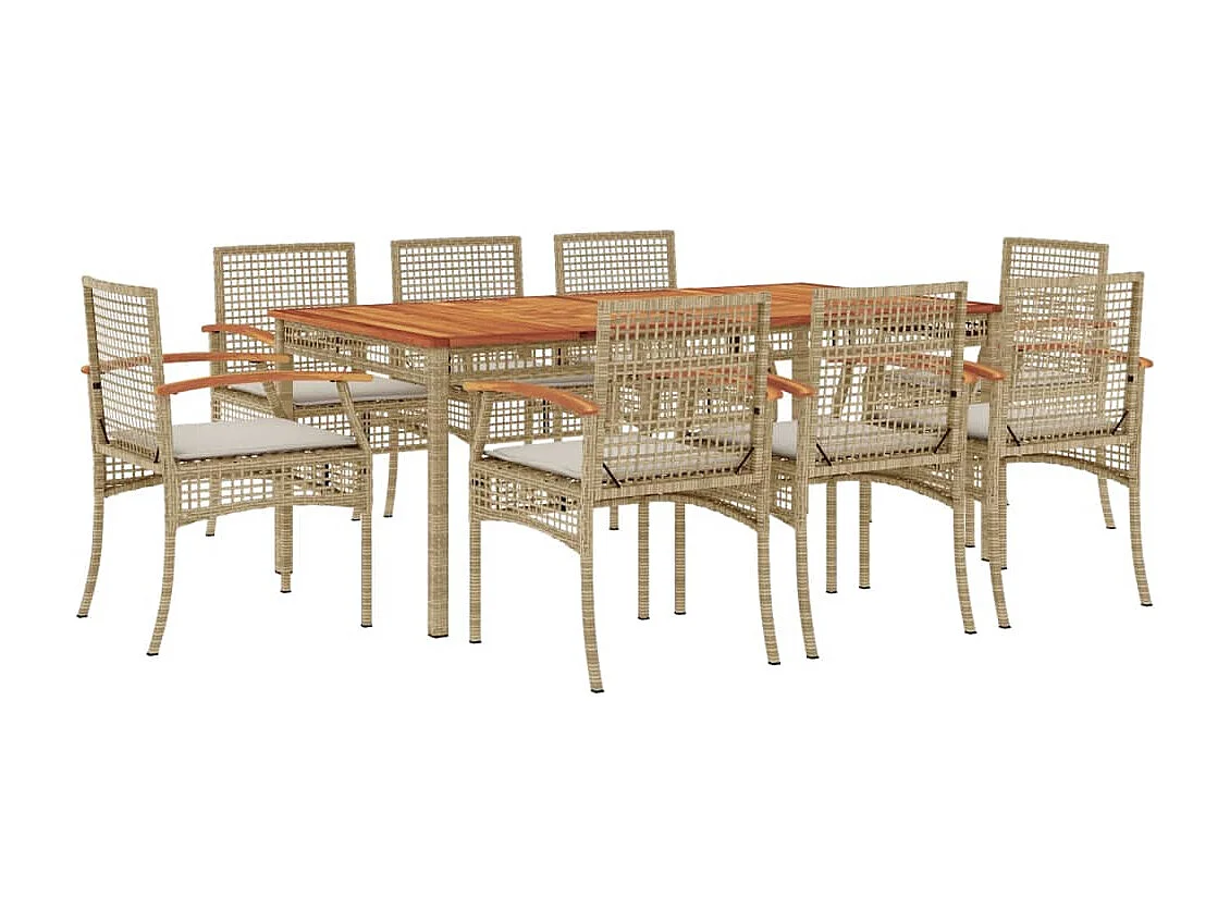 Ensemble à manger de jardin et coussins 9 pcs beige Poly rotin