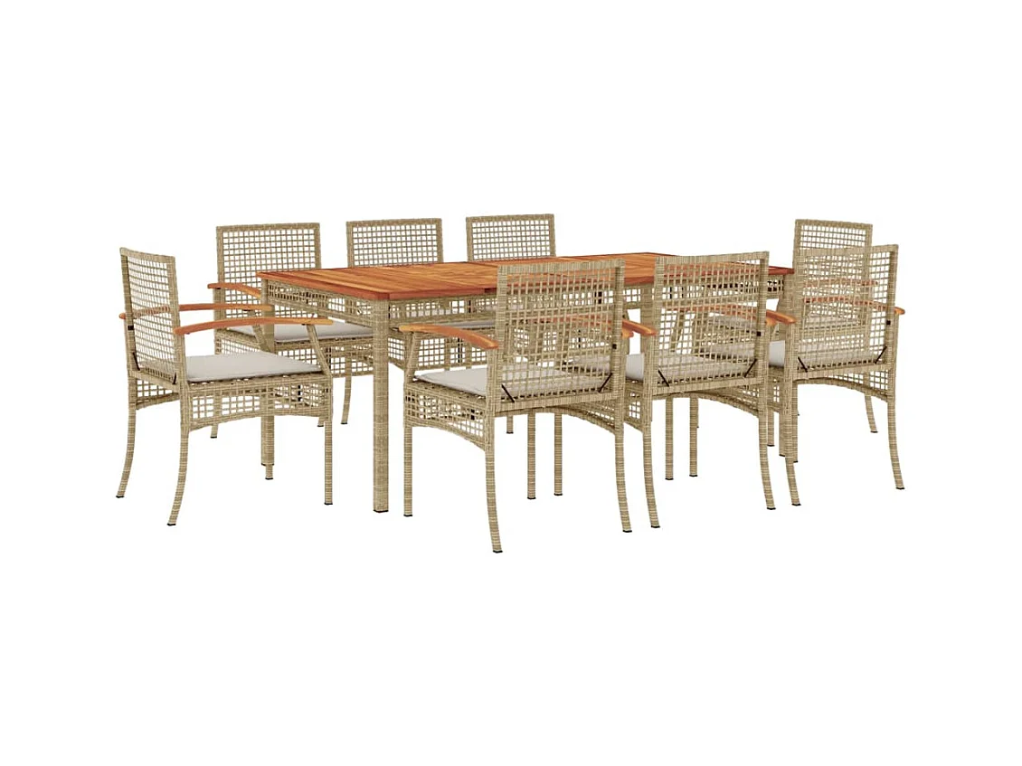 Ensemble à manger de jardin et coussins 9 pcs beige Poly rotin
