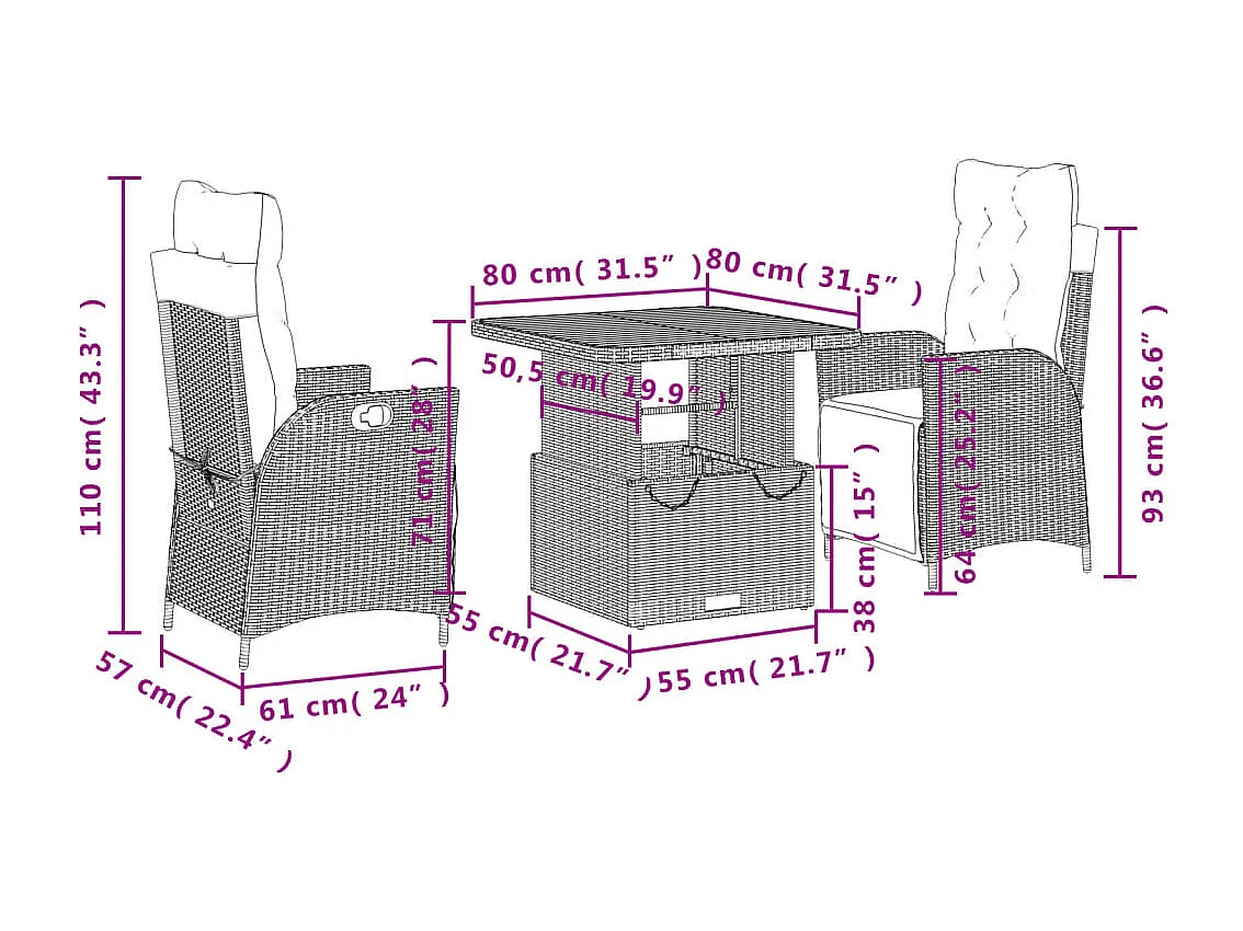 Ensemble à manger de jardin avec coussins 3 pcs Noir