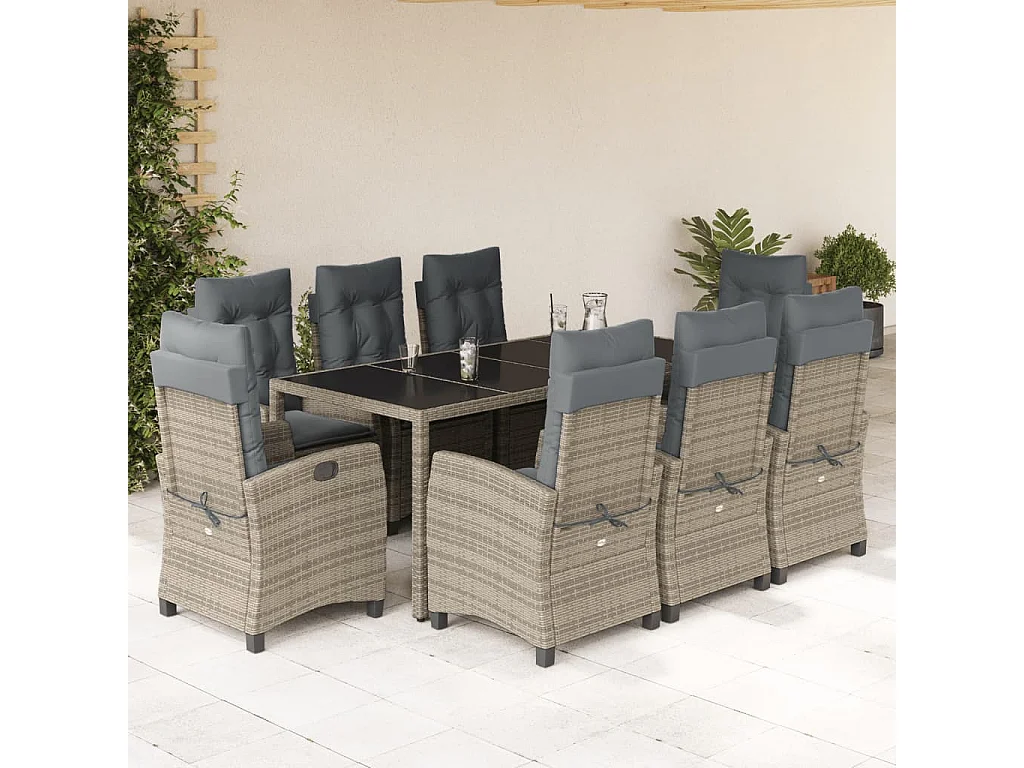 Ensemble à manger de jardin 9 pcs coussins gris résine tressée