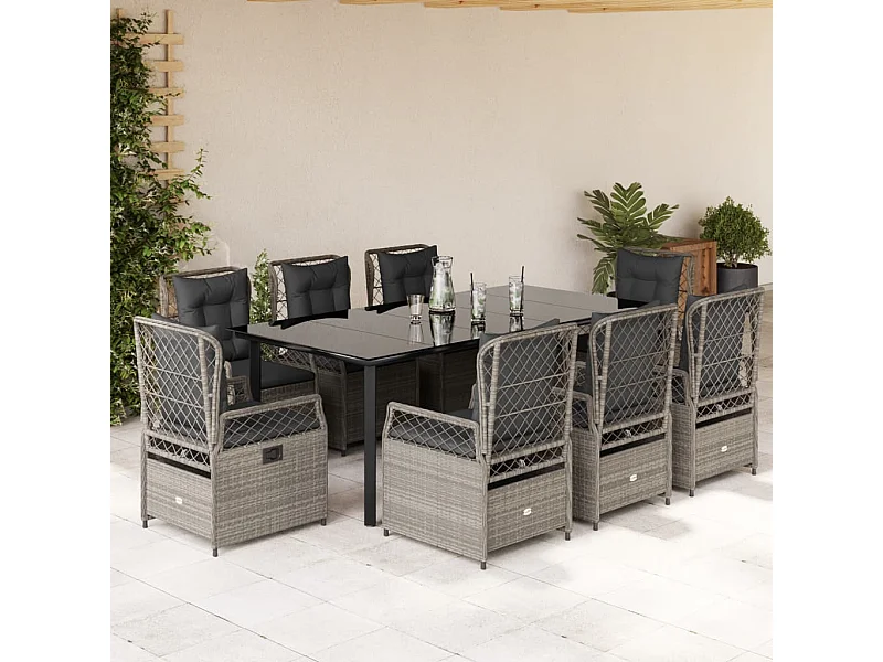Ensemble à manger de jardin et coussins 9 pcs gris clair rotin