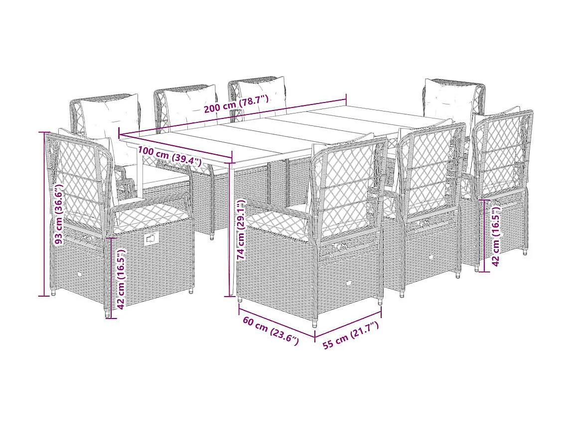 Ensemble à manger de jardin et coussins 9 pcs gris clair rotin