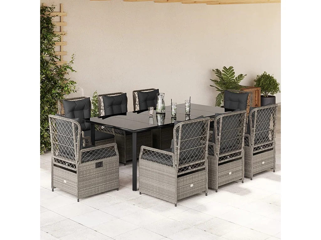 Ensemble à manger de jardin et coussins 9 pcs gris clair rotin
