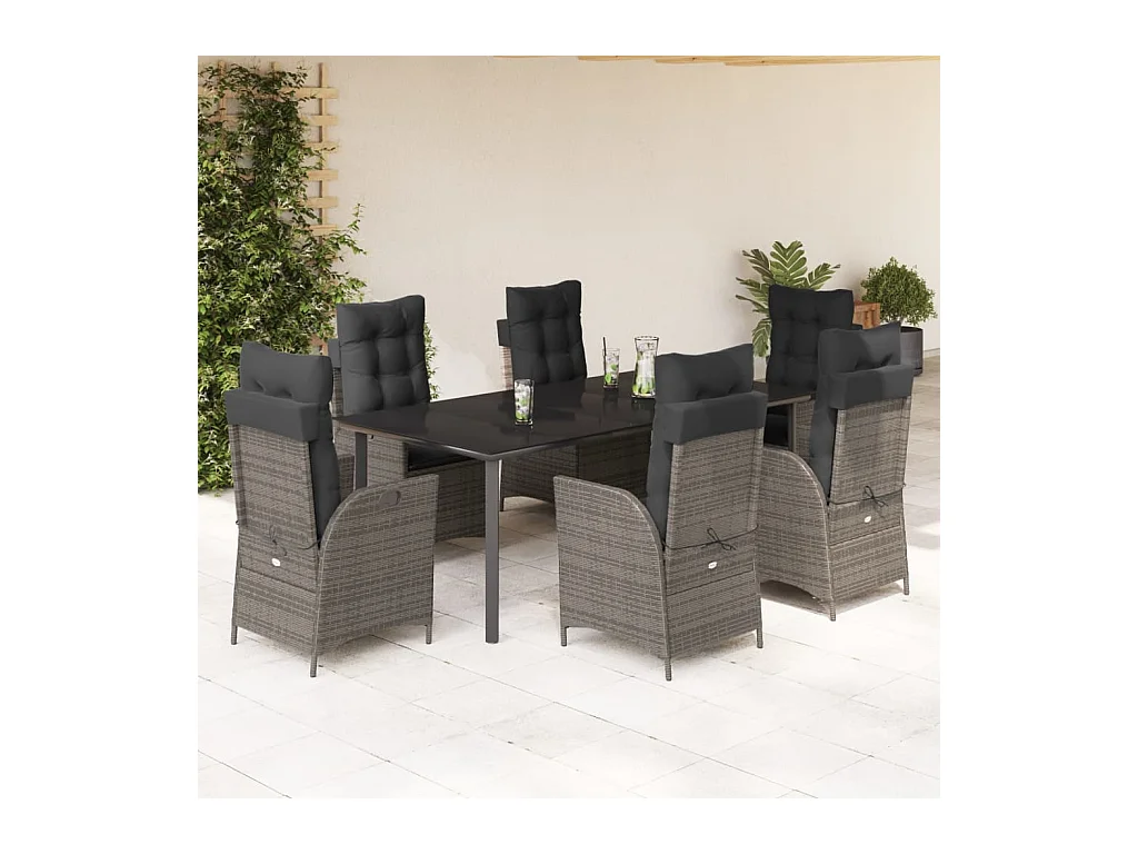 Ensemble à manger de jardin et coussins 7 pcs gris rotin