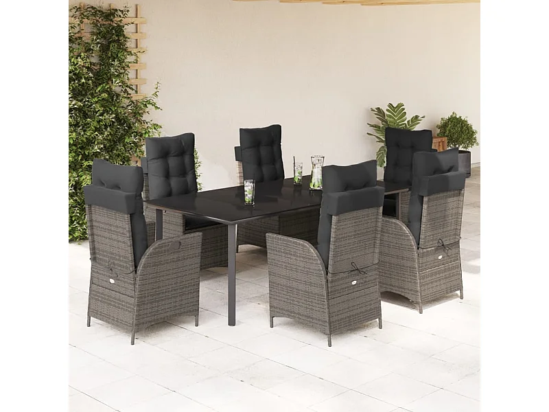 Ensemble à manger de jardin et coussins 7 pcs gris rotin