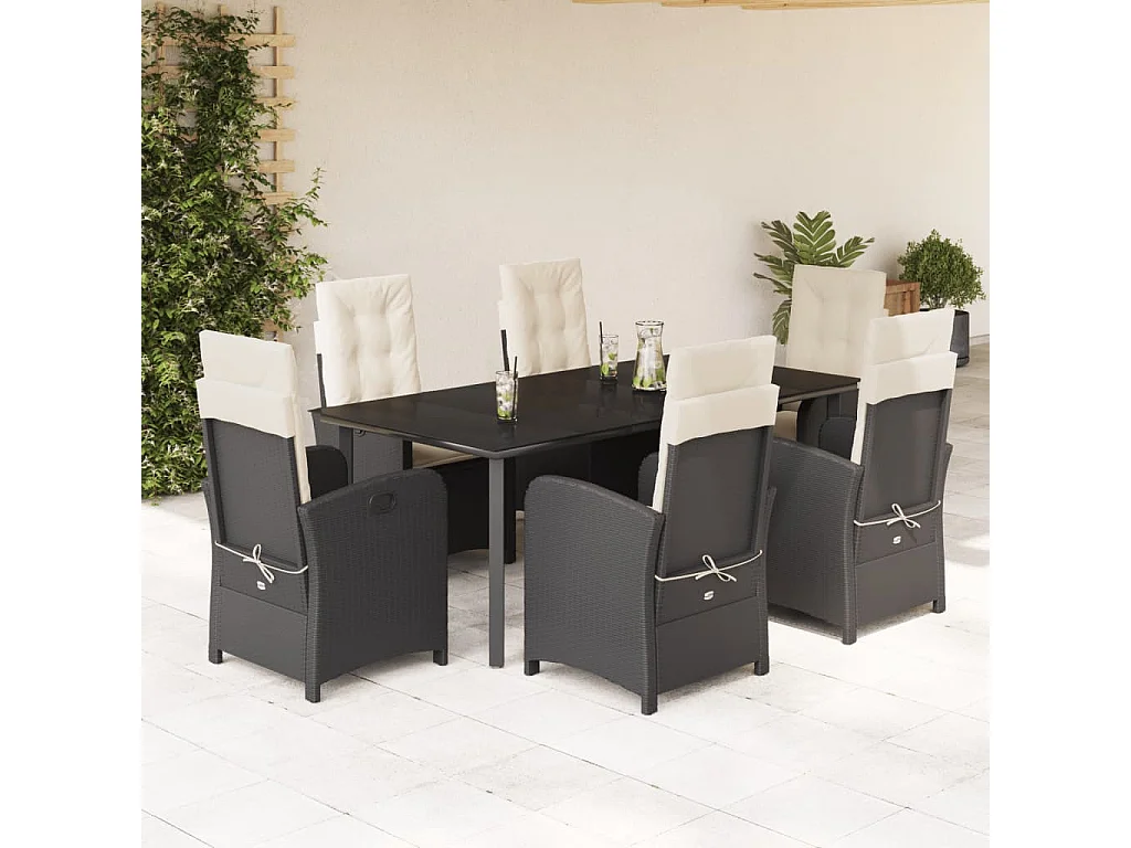 Ensemble à manger de jardin coussins 7pcs Noir Résine tressée