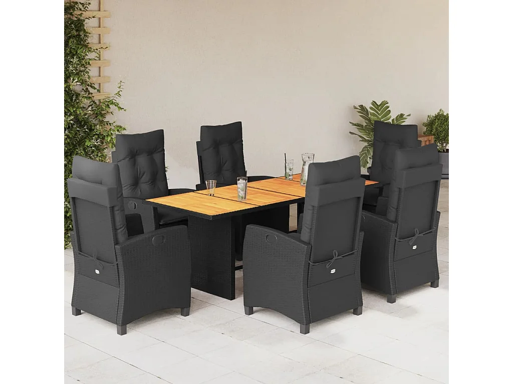 Ensemble à manger de jardin coussins 7pcs Noir Résine tressée